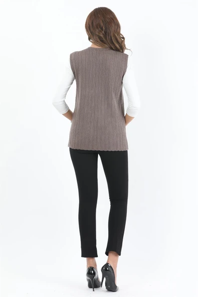 Kadın Vizon İşlemeli Fitilli Triko Yelek - Resim 3