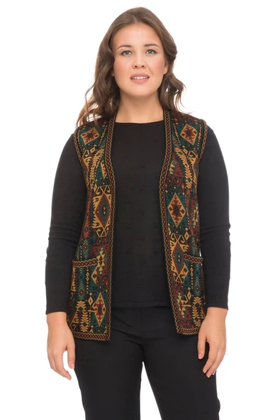 Kadın Petrol Etnik Desenli Cepli Kilim Yelek