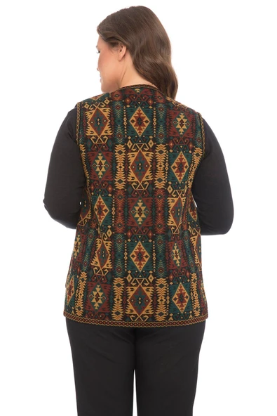 Kadın Petrol Etnik Desenli Cepli Kilim Yelek - 4