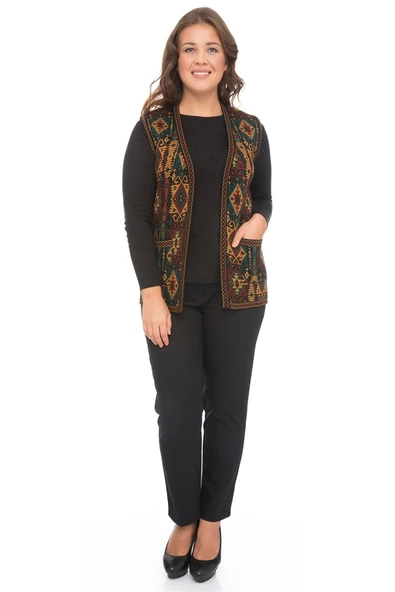 Kadın Petrol Etnik Desenli Cepli Kilim Yelek - 2