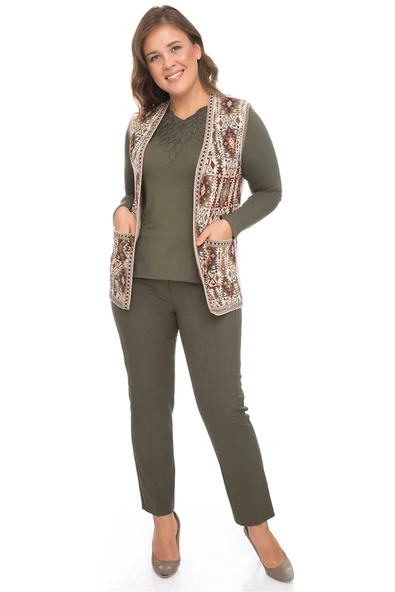 Kadın Taş Etnik Desenli Cepli Kilim Yelek - Resim 3