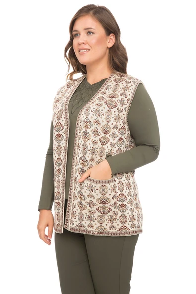 Kadın Taş Çiçek Desenli Cepli Kilim Yelek - Resim 3