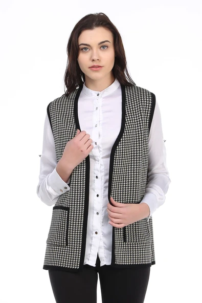 Kadın Siyah Beyaz Kazayağı Triko Anne Yelek - Resim 2