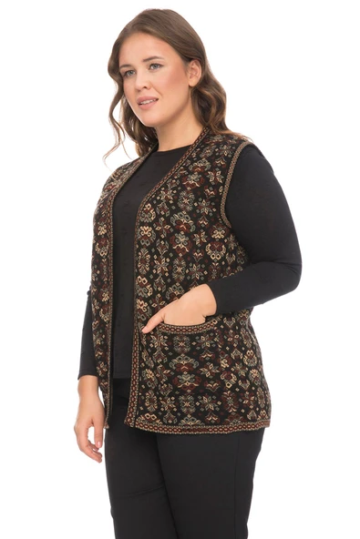 Kadın Çok Renkli Çiçek Desenli Cepli Kilim Yelek - Resim 2