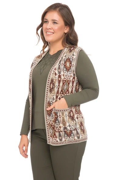 Kadın Taş Etnik Desenli Cepli Kilim Yelek - Resim 2