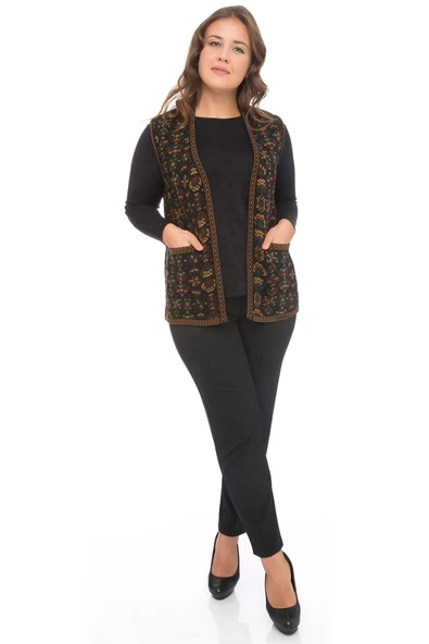 Kadın Petrol Çiçek Desenli Cepli Kilim Yelek - Resim 3