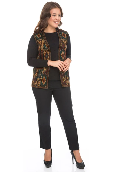 Kadın Petrol Etnik Desenli Cepli Kilim Yelek - 3