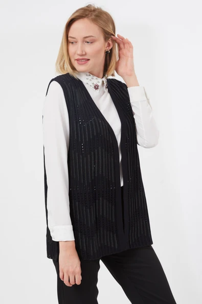 Kadın Siyah Zikzak Desenli Ajurlu Yazlık Anne Triko Yelek - Resim 3