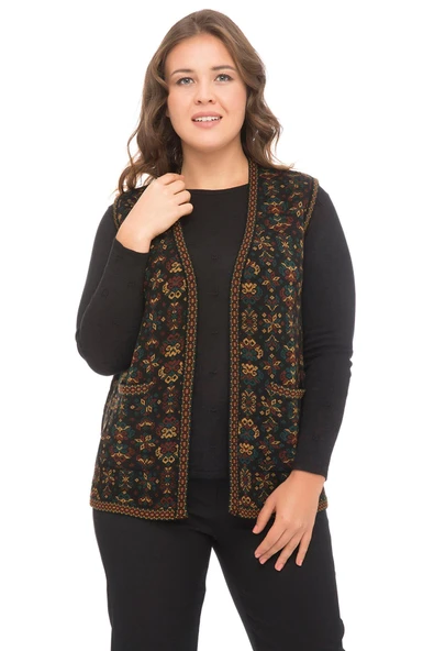 Kadın Petrol Çiçek Desenli Cepli Kilim Yelek - 1