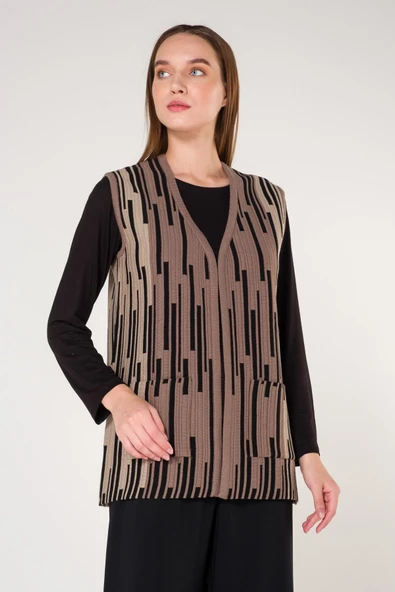 Kadın Vizon Şeritli Cepli V Yaka Ekose Triko Anne Yelek ürün görseli 1