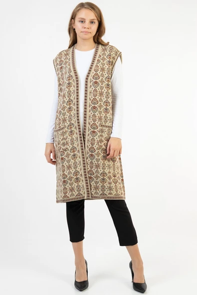 Kadın Taş Çiçek Desenli Cepli Uzun Kilim Yelek - 1