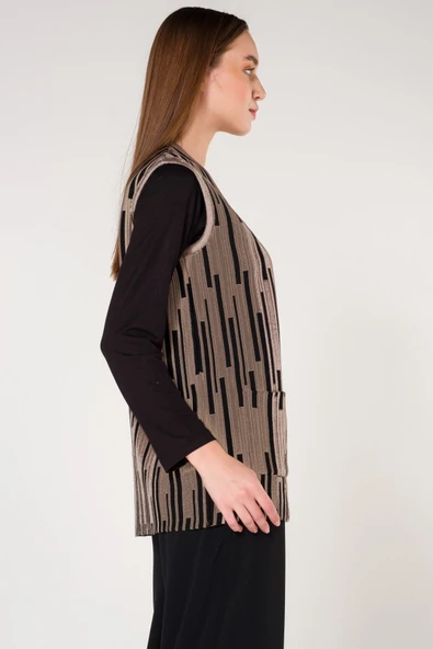 Kadın Kum Şeritli Cepli V Yaka Ekose Triko Anne Yelek - Resim 3