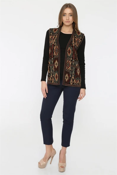 Kadın Çok Renkli Etnik Desenli Cepli Kilim Yelek - 1
