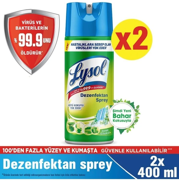 LYSOL DEZENFEKTAN SPREY BAHAR FERAHLIĞI 2'Lİ, YÜZEYLER IÇİN, 2 X 400 ML