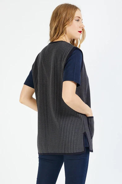 Kadın Lacivert Kazayağı Triko Anne Yelek - Resim 3