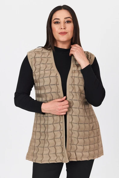 Kadın Kum Ajurlu Merserize Zikzak Desenli İnce Yazlık Örgü Yelek ürün görseli 1