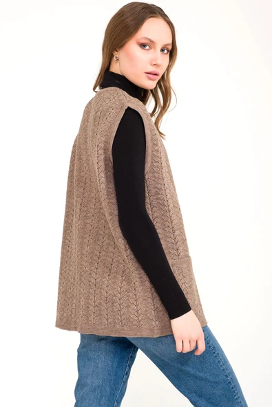 Kadın Vizon Cepli Kışlık Kalın Örme Triko Anne Yelek - Resim 4