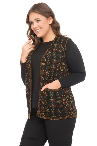 Kadın Petrol Çiçek Desenli Cepli Kilim Yelek - Resim 2