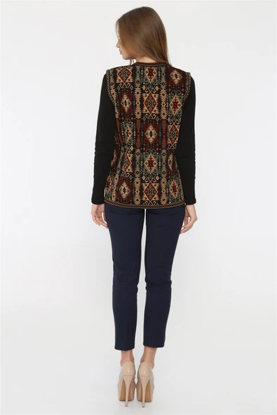 Kadın Çok Renkli Etnik Desenli Cepli Kilim Yelek - 3