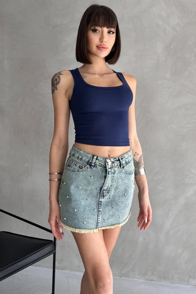 Taşlı Püsküllü Eskitme Mini Denim Etek - 4