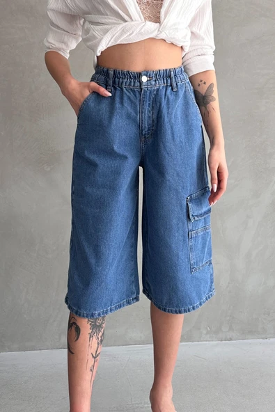 Diz Altı Geniş Kesim Tek Cepli Denim Bermuda