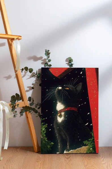 SELMIRA Beyaz Desenli Kara Kedi Kanvas Tablo