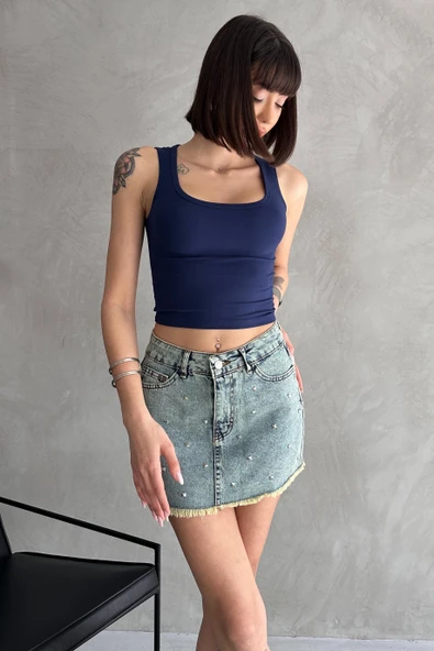 Taşlı Püsküllü Eskitme Mini Denim Etek - 3