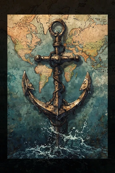 SELMIRA Dünya Haritasına Saplanan Çıpa Kanvas Tablo - 2