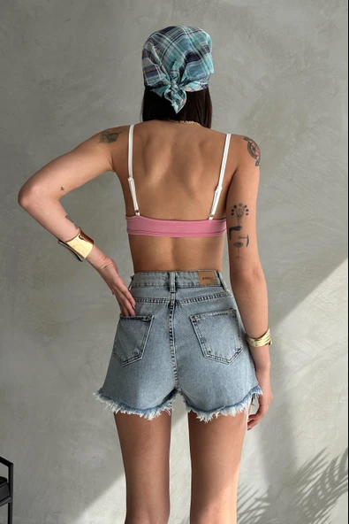 Püsküllü Yırtık Detaylı Denim Mini Şort - 4