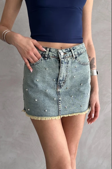 Taşlı Püsküllü Eskitme Mini Denim Etek