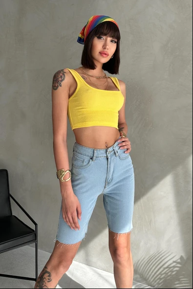 Dizüstü Dikişsiz Düz Kesim Denim Şort - 5