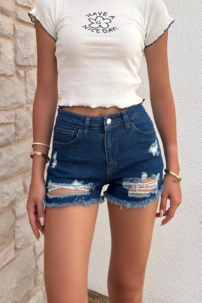 Kadın Likralı Etek Ucu Püsküllü Yırtık Detaylı Denim Mini Şort - 3