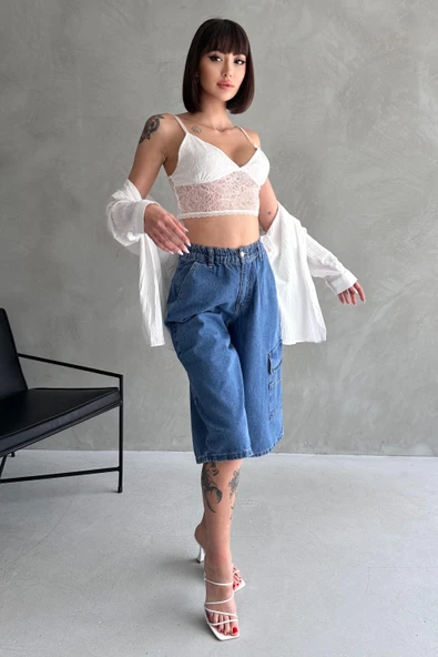 Diz Altı Geniş Kesim Tek Cepli Denim Bermuda - 5