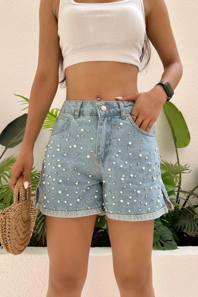 Kadın Duble Paça Yırtmaçlı İnci Taşlı Denim Mini Şort - 3