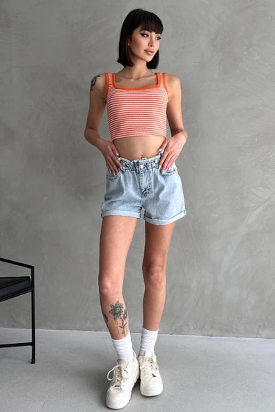 Beli Lastikli Pileli Duble Paça Denim Şort - 2