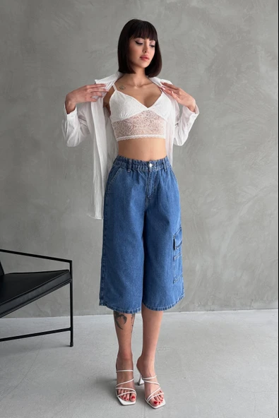 Diz Altı Geniş Kesim Tek Cepli Denim Bermuda - 3