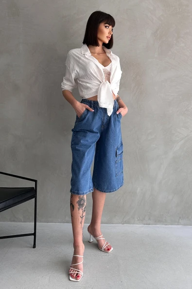 Diz Altı Geniş Kesim Tek Cepli Denim Bermuda - 2