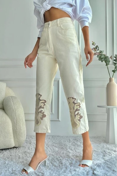 Kadın Yüksek Bel Dantel İşlemeli Mom Fit Bej Jean Pantolon - 10