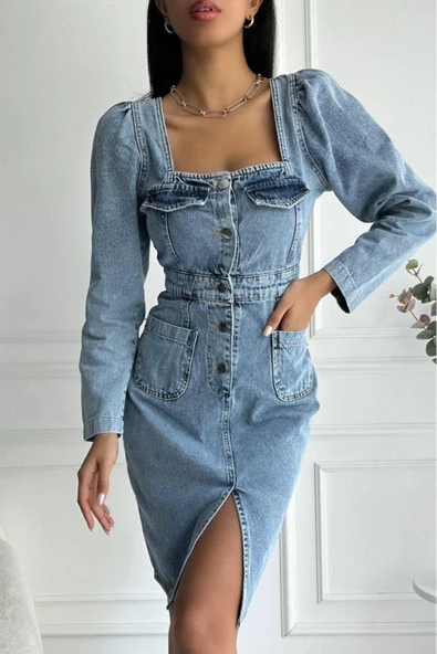 Kadın Yırtmaç Detaylı Uzun Kollu Denim Midi Mavi Elbise - 6
