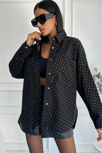 Kadın Oversize Taşlı Denim Siyah Ceket - 4