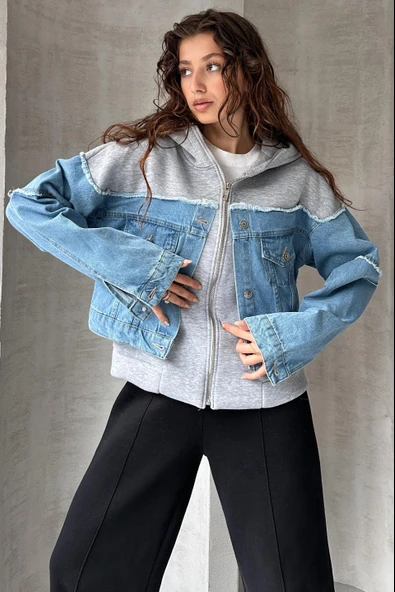 Relaxed Fit Yarı Denim Kapüşonlu Hırka - 3