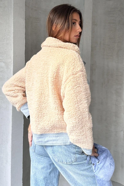 Suni Yünlü Denim Detaylı Ceket - 3