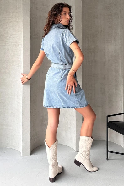 Kemerli Kısa Kol Denim Elbise - 2