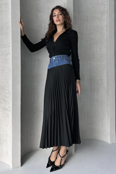 Denim Detay Pileli Etek - 5