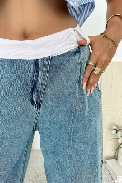 Kadın Boxer Detaylı Geniş Kalıp Jean Pantolon - 4