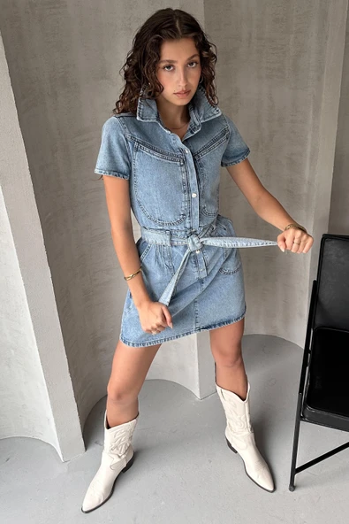 Kemerli Kısa Kol Denim Elbise - 4