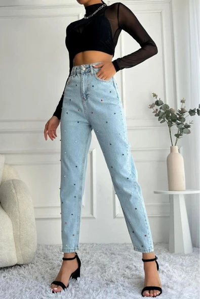 Kadın Yüksek Bel Taşlı Mom Fit Mavi Jean Pantolon