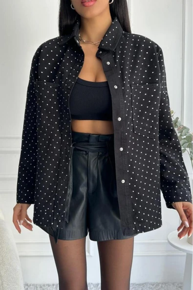 Kadın Oversize Taşlı Denim Siyah Ceket