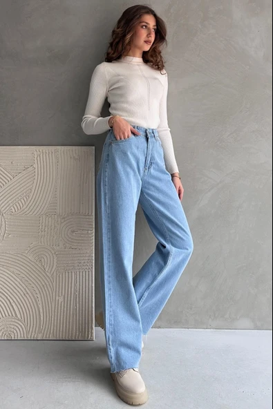 Yüksek Bel Geniş Paça Dikişsiz Paça Wide Leg Jean - 1419 - 4