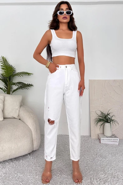 Kadın Yüksek Bel Yırtık Detaylı Mom Fit Jean Pantolon